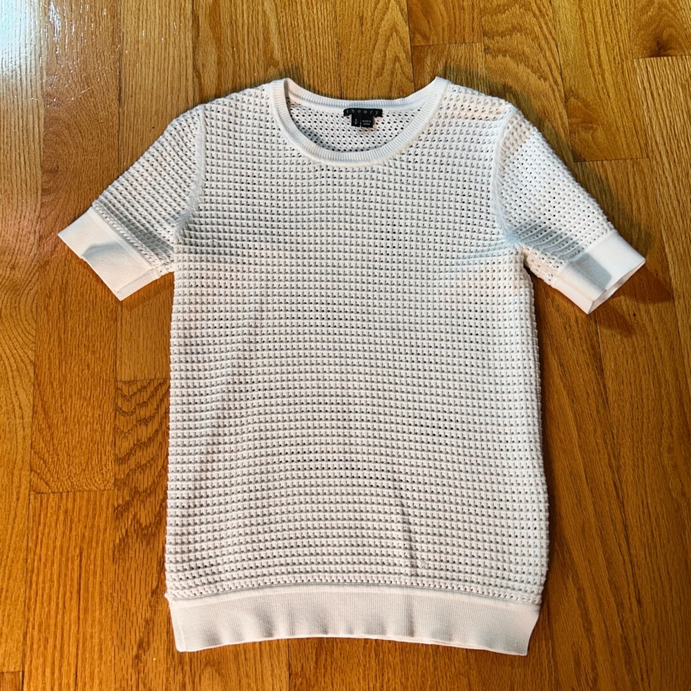 Theory White Textured Knit Top Short Sleeve Waffle Minimalist Size S